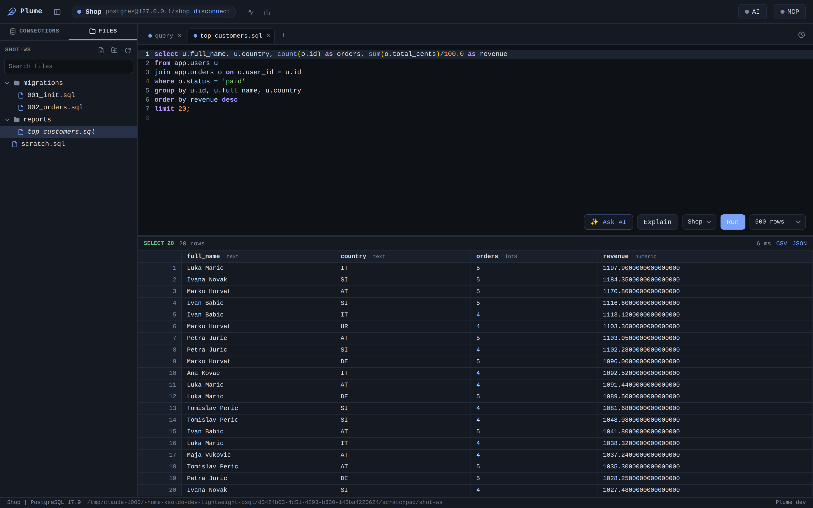 The Plume workspace: a SQL query, a results grid and the file sidebar, dark theme