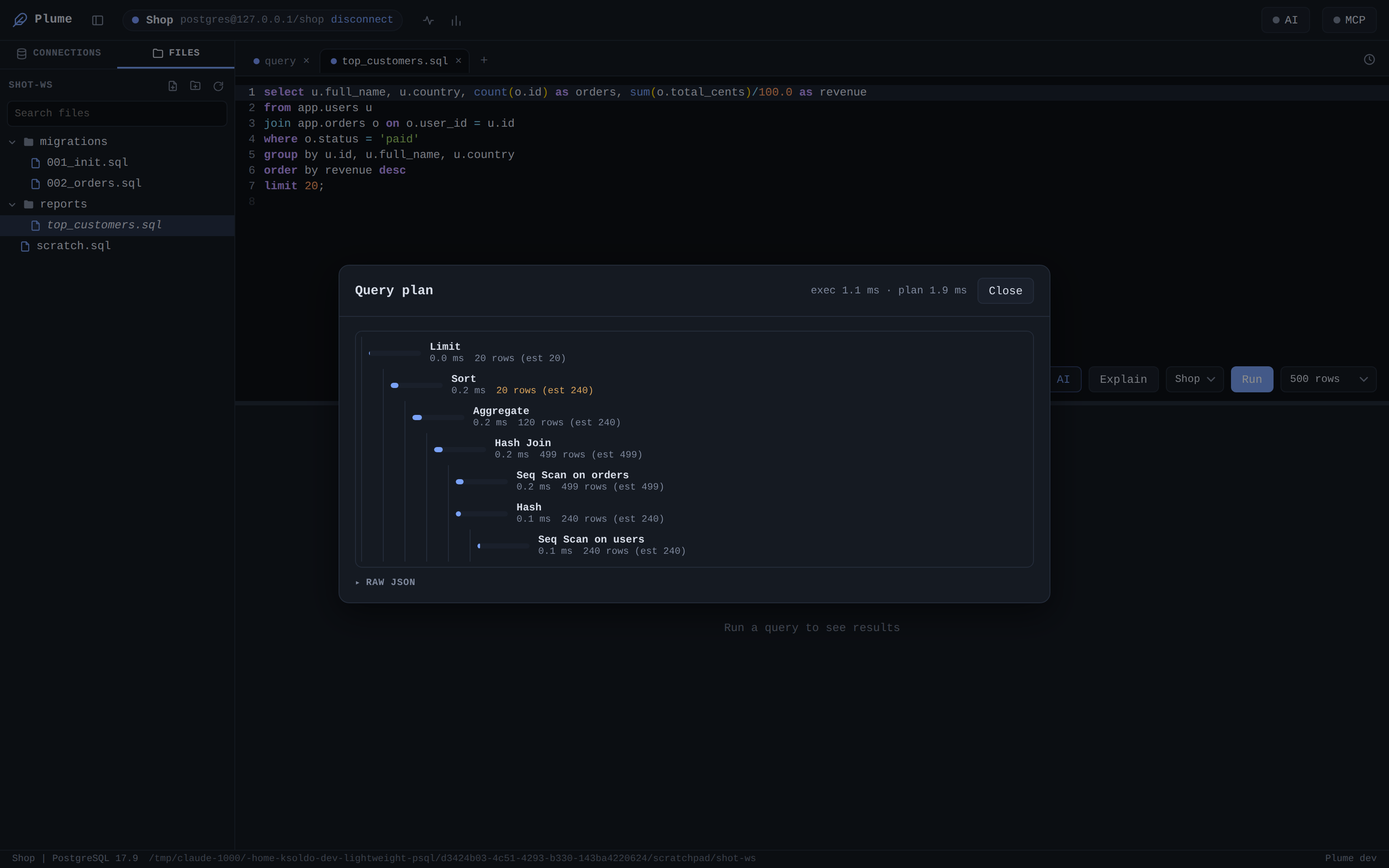 A query plan rendered as a tree with node timings