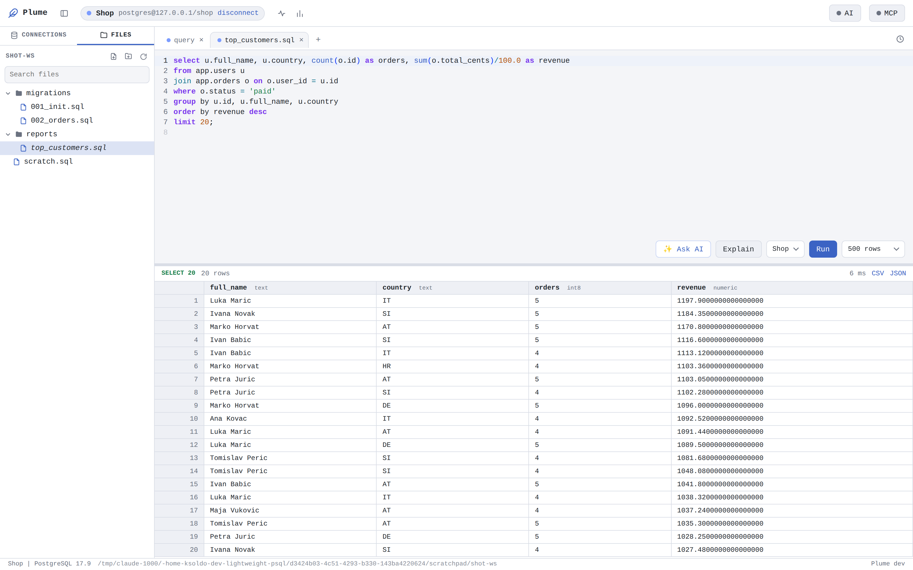 Plume in the light theme showing a query and results