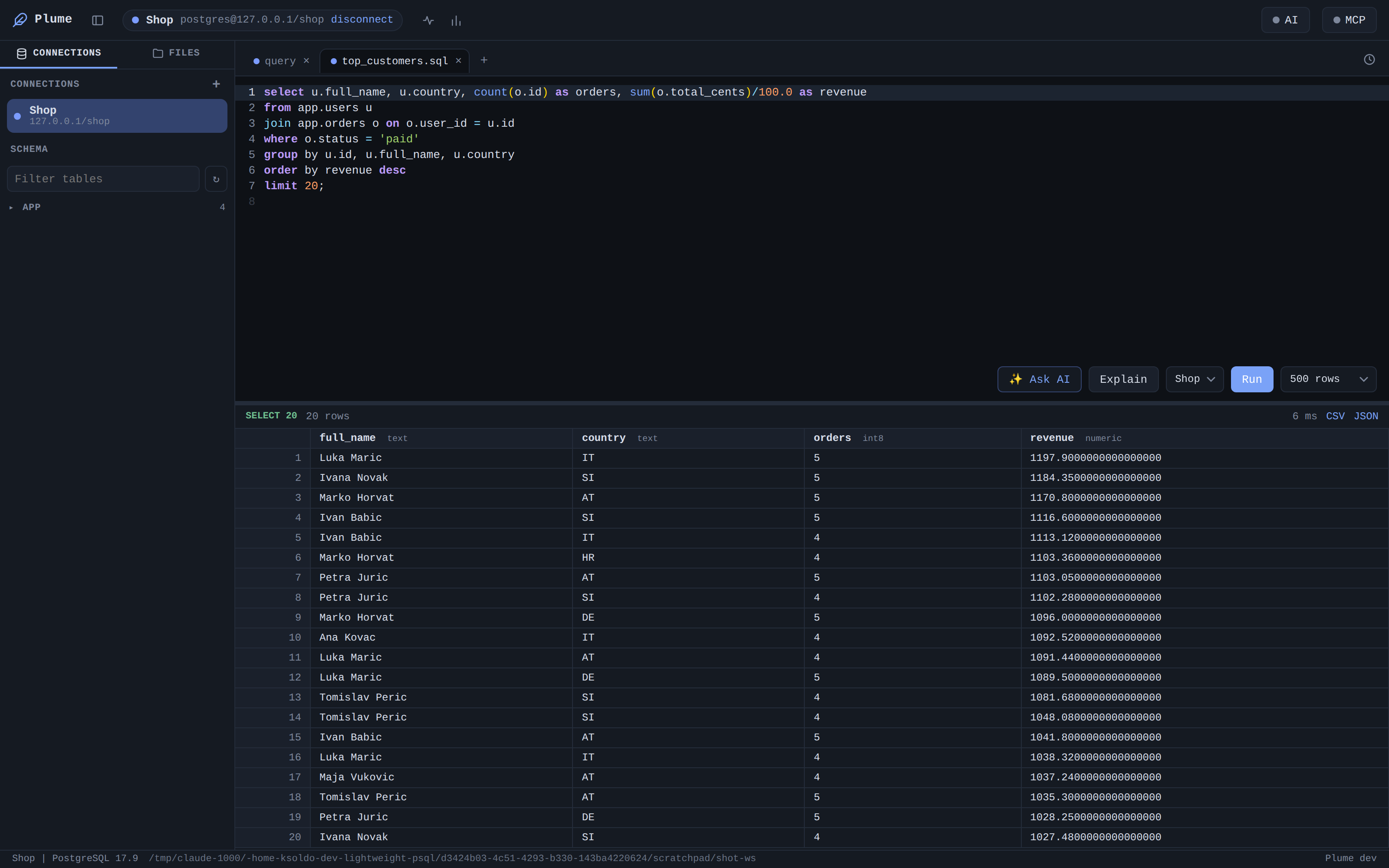 The schema browser and connections sidebar next to a results grid
